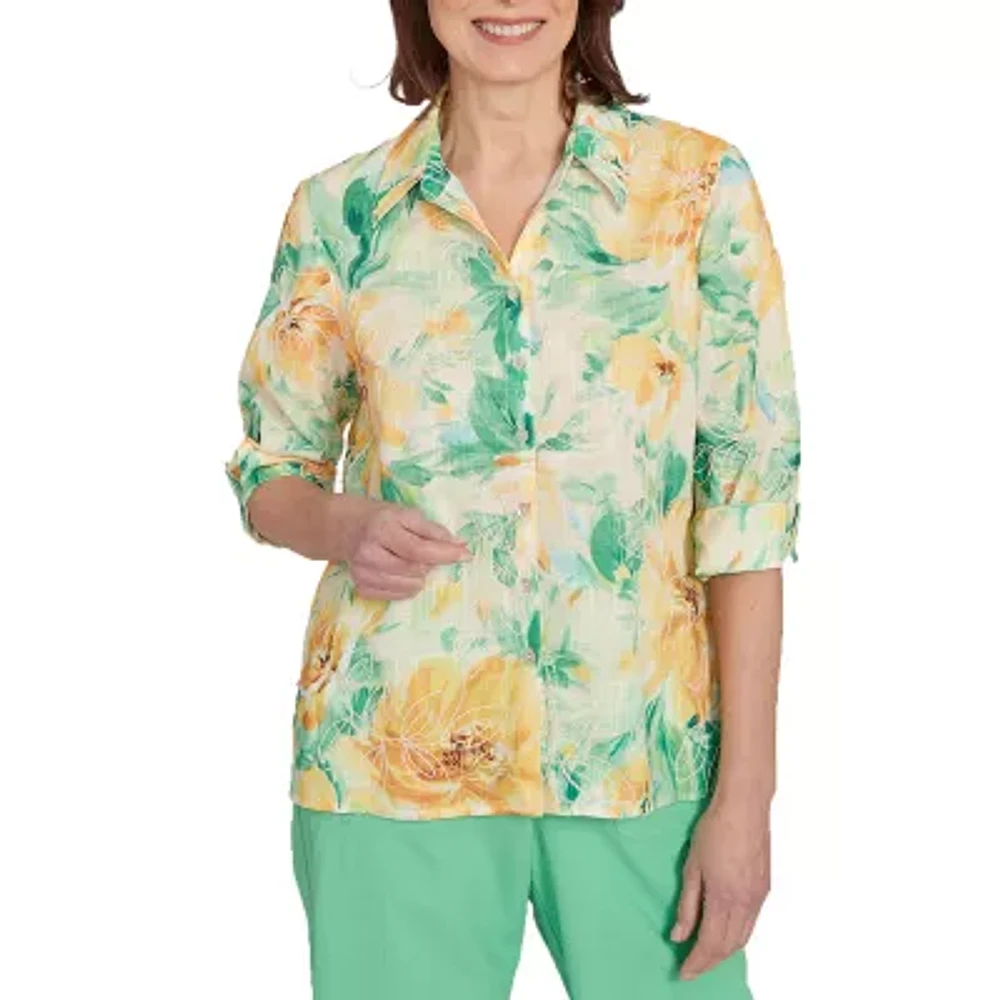 Alfred Dunner Rise And Shine Womens 3/4 Sleeve Button-Down Shirt