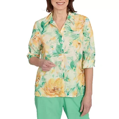 Alfred Dunner Rise And Shine Womens 3/4 Sleeve Button-Down Shirt