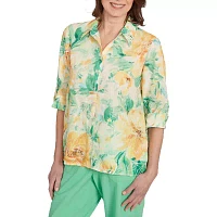 Alfred Dunner Rise And Shine Womens 3/4 Sleeve Button-Down Shirt