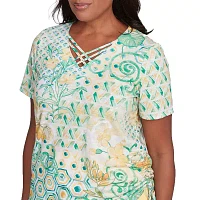 Alfred Dunner Rise And Shine Womens V Neck Short Sleeve T-Shirt