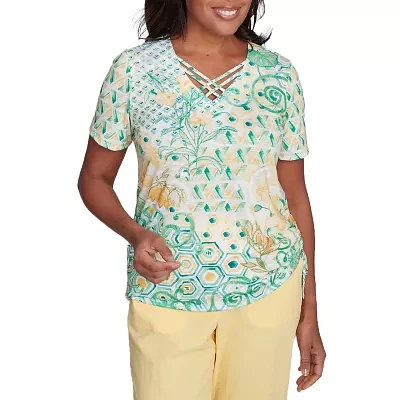 Alfred Dunner Rise And Shine Womens V Neck Short Sleeve T-Shirt