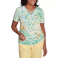 Alfred Dunner Rise And Shine Womens V Neck Short Sleeve T-Shirt
