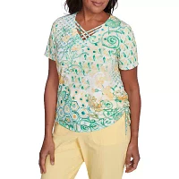 Alfred Dunner Rise And Shine Womens V Neck Short Sleeve T-Shirt