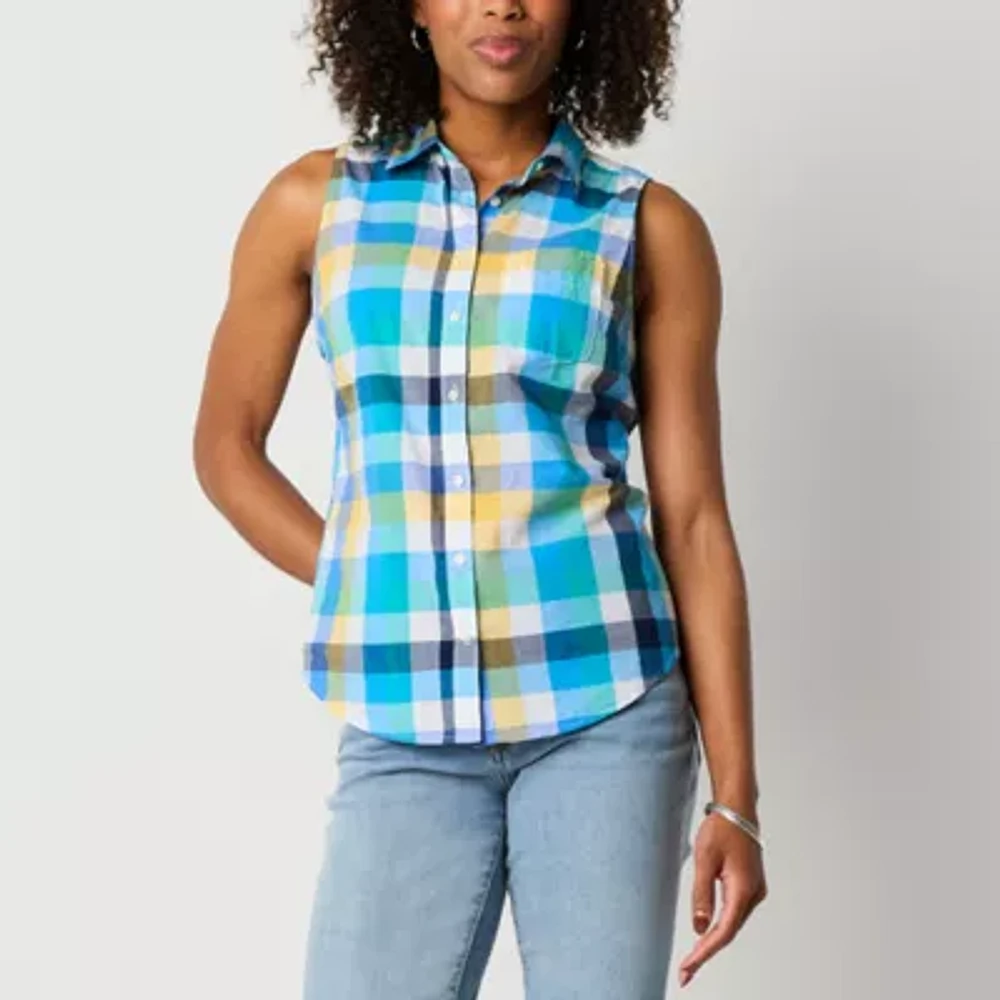 St. John's Bay Womens Sleeveless Regular Fit Button-Down Shirt