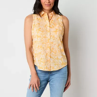 St. John's Bay Womens Sleeveless Regular Fit Button-Down Shirt