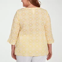 Alfred Dunner Plus Rise And Shine Womens Crew Neck 3/4 Sleeve Embroidered Blouse