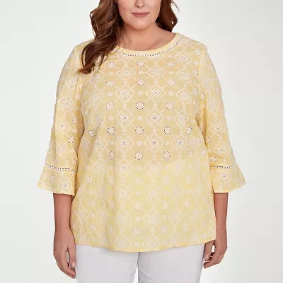 Alfred Dunner Plus Rise And Shine Womens Crew Neck 3/4 Sleeve Embroidered Blouse