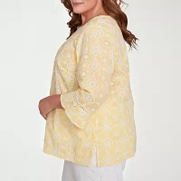 Alfred Dunner Plus Rise And Shine Womens Crew Neck 3/4 Sleeve Embroidered Blouse