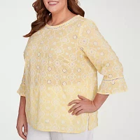 Alfred Dunner Plus Rise And Shine Womens Crew Neck 3/4 Sleeve Embroidered Blouse