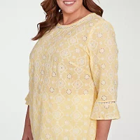 Alfred Dunner Plus Rise And Shine Womens Crew Neck 3/4 Sleeve Embroidered Blouse