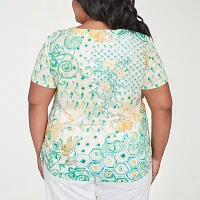Alfred Dunner Rise And Shine Womens Plus V Neck Short Sleeve Stretch Fabric T-Shirt