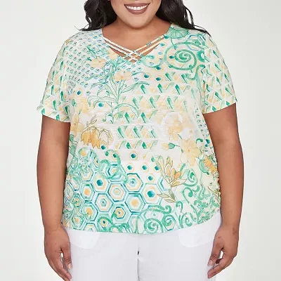 Alfred Dunner Rise And Shine Womens Plus V Neck Short Sleeve Stretch Fabric T-Shirt