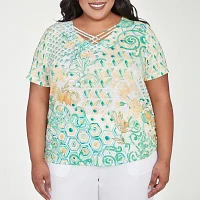 Alfred Dunner Rise And Shine Womens Plus V Neck Short Sleeve Stretch Fabric T-Shirt