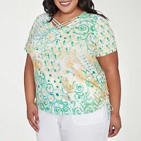 Alfred Dunner Rise And Shine Womens Plus V Neck Short Sleeve Stretch Fabric T-Shirt