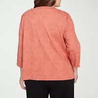 Alfred Dunner Plus Natural Instinct Womens 3/4 Sleeve Embroidered Button-Down Shirt