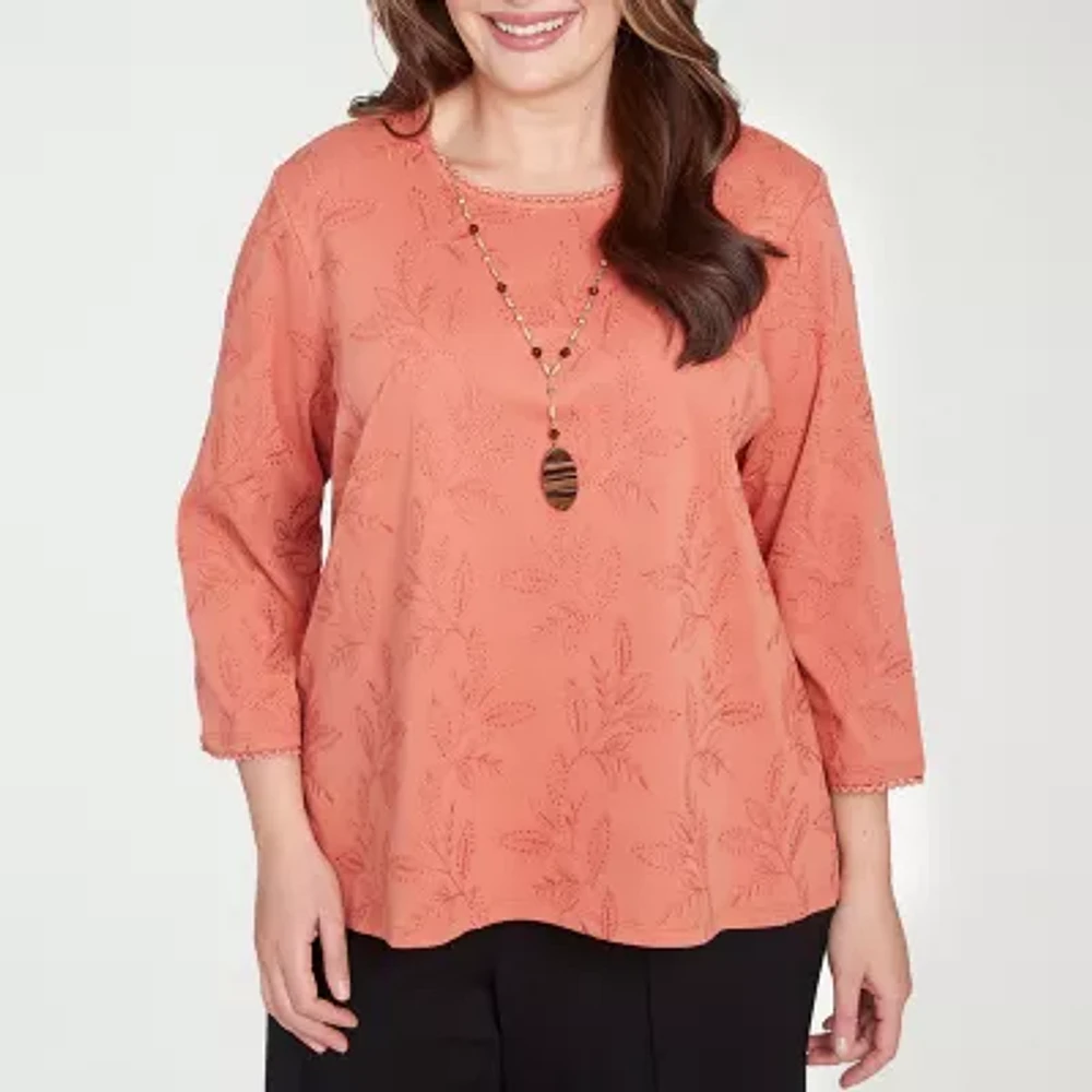 Alfred Dunner Plus Natural Instinct Womens 3/4 Sleeve Embroidered Button-Down Shirt
