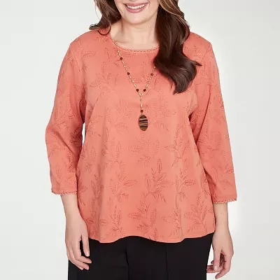 Alfred Dunner Plus Natural Instinct Womens 3/4 Sleeve Embroidered Button-Down Shirt