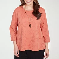 Alfred Dunner Plus Natural Instinct Womens 3/4 Sleeve Embroidered Button-Down Shirt