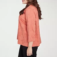 Alfred Dunner Plus Natural Instinct Womens 3/4 Sleeve Embroidered Button-Down Shirt