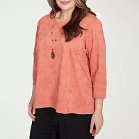 Alfred Dunner Plus Natural Instinct Womens 3/4 Sleeve Embroidered Button-Down Shirt