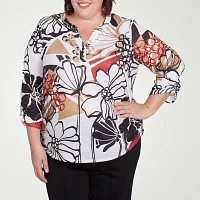Alfred Dunner Natural Instinct Womens Plus Crew Neck 3/4 Sleeve Stretch Fabric T-Shirt