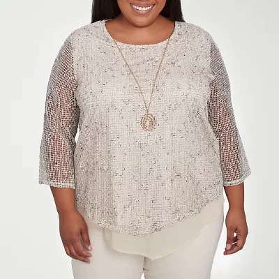 Alfred Dunner Natural Instinct Womens Plus Crew Neck 3/4 Sleeve T-Shirt