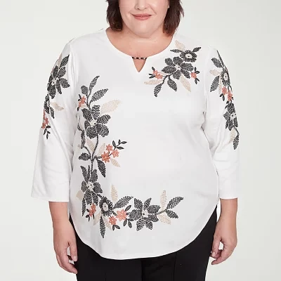 Alfred Dunner Natural Instinct Womens Plus Split Crew Neck 3/4 Sleeve T-Shirt