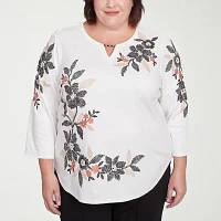 Alfred Dunner Natural Instinct Womens Plus Split Crew Neck 3/4 Sleeve T-Shirt