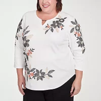 Alfred Dunner Natural Instinct Womens Plus Split Crew Neck 3/4 Sleeve T-Shirt