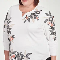 Alfred Dunner Natural Instinct Womens Plus Split Crew Neck 3/4 Sleeve T-Shirt