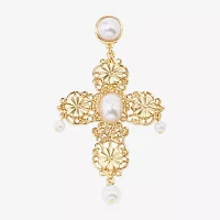 Bijoux Bar Gold Tone Filigree Womens Simulated Pearl Cross Drop Earrings