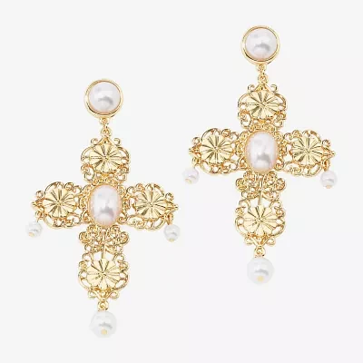 Bijoux Bar Gold Tone Filigree Womens Simulated Pearl Cross Drop Earrings
