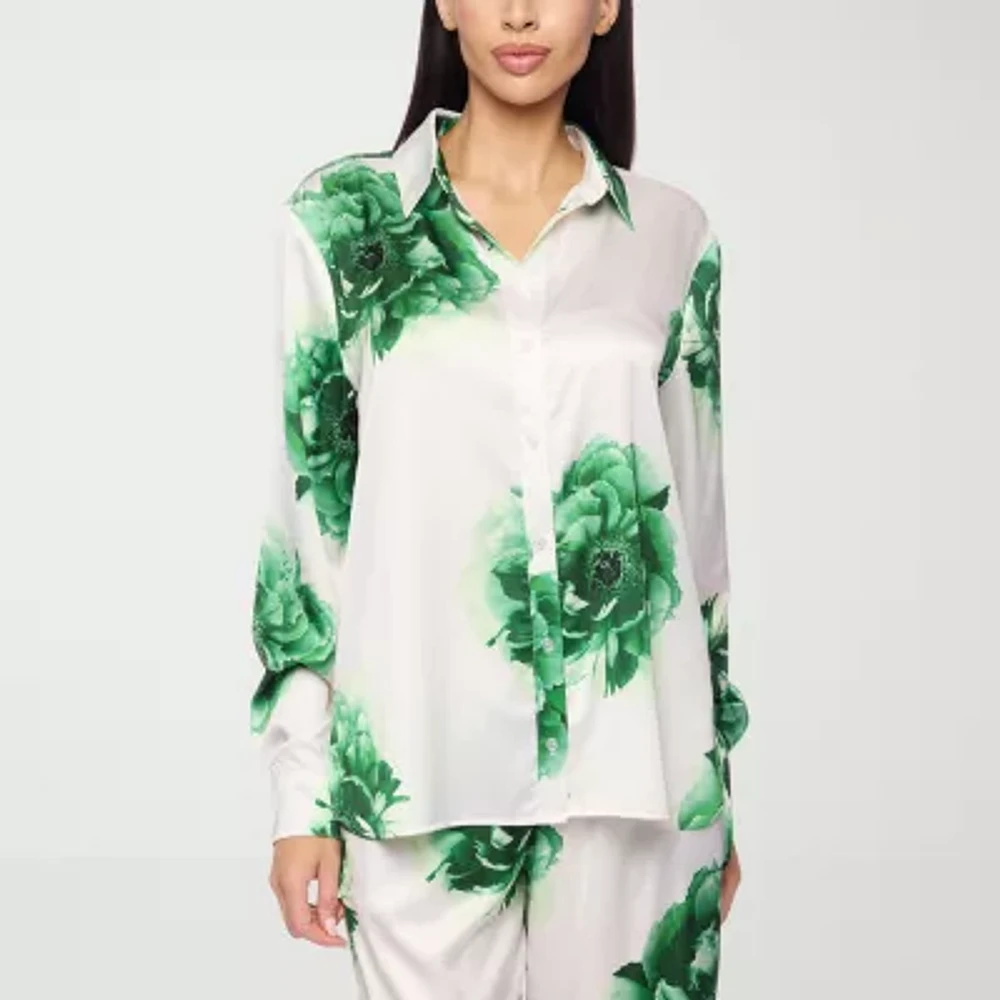 Premier Amour Floral Womens Long Sleeve Satin Blouse