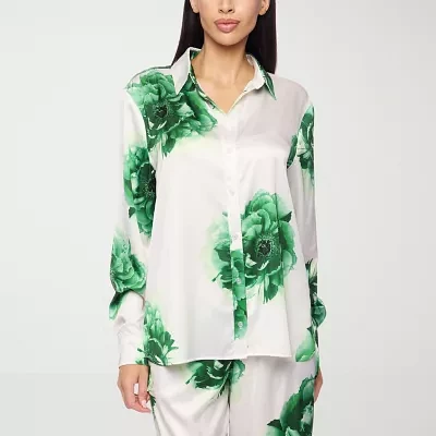 Premier Amour Floral Womens Long Sleeve Satin Blouse
