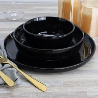 Elama Duncan 18 Piece Black 18-pc. Porcelain Dinnerware Set