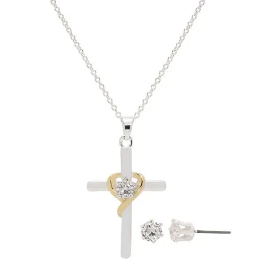 Sparkle Allure 2-pc. Cubic Zirconia Pure Silver Over Brass Cross Jewelry Set