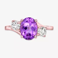 Womens Genuine Purple Amethyst 18K Rose Gold Over Silver Oval 3-Stone Cocktail Ring