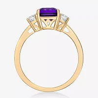 Womens Genuine Purple Amethyst 18K Gold Over Silver 3-Stone Cocktail Ring