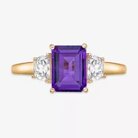 Womens Genuine Purple Amethyst 18K Gold Over Silver 3-Stone Cocktail Ring