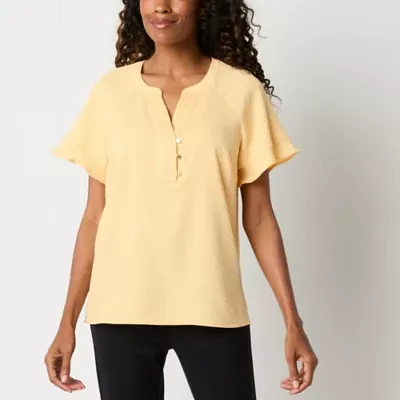 Liz Claiborne Womens Y Neck Short Sleeve Blouse