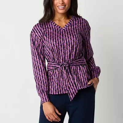 Liz Claiborne Tie Waist Womens V Neck Long Sleeve Blouse