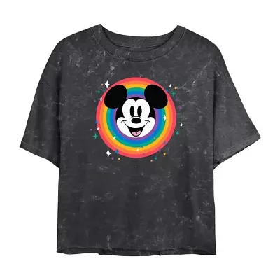 Juniors Disney Cropped Tee Womens Crew Neck Short Sleeve Mickey and Friends Mickey Mouse Graphic T-Shirt
