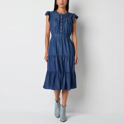Frye and Co. Womens Short Sleeve Midi Fit + Flare Dress