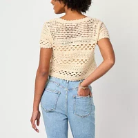 Arizona Juniors Womens Scoop Neck Short Sleeve Button Cardigan