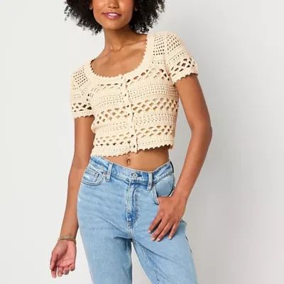 Arizona Juniors Womens Scoop Neck Short Sleeve Button Cardigan