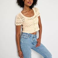 Arizona Juniors Womens Scoop Neck Short Sleeve Button Cardigan