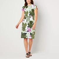 Liz Claiborne Womens Short Sleeve Floral Midi A-Line Dress