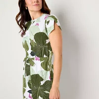 Liz Claiborne Womens Short Sleeve Floral Midi A-Line Dress