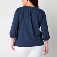 St. John's Bay Plus Womens Split Crew Neck 3/4 Sleeve Blouse