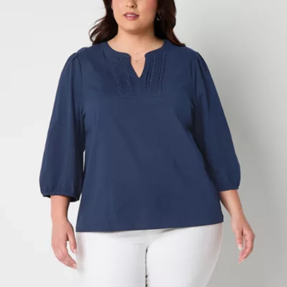 St. John's Bay Plus Womens Split Crew Neck 3/4 Sleeve Blouse